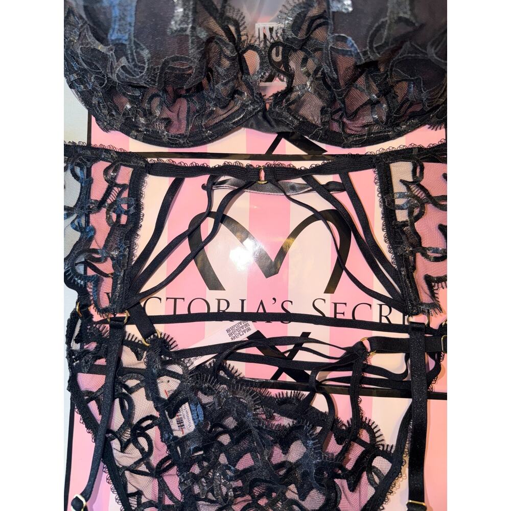 Victorias Secret Bra Very Sexy 34DD Garter Belt Medium Panty Heart Print - Picture 4 of 9